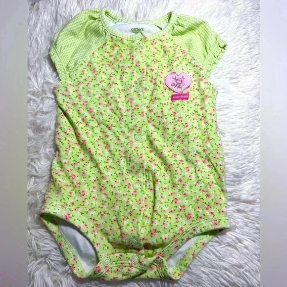 Carters Baby Girl Floral Green & Pink Onesie - Picture 1 of 7